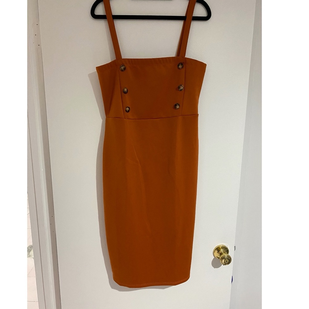 Bfamous #usa bronze orange dress w/ button detail
